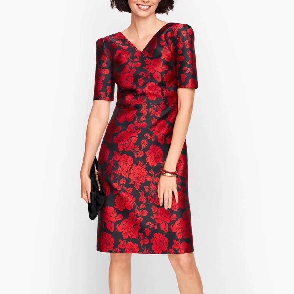 Talbots Black Red Floral Jacquard Bow Back A Line‎ Dress Size 10